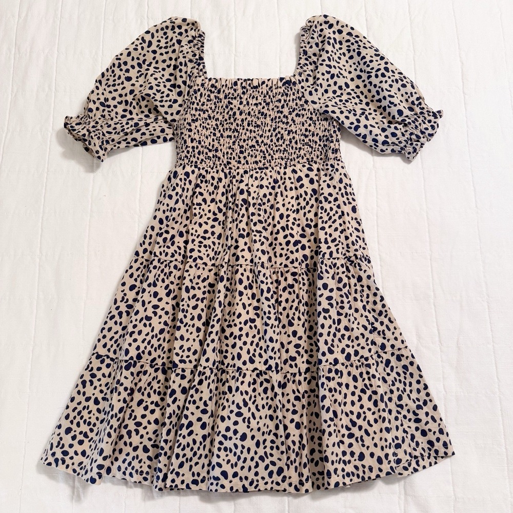 Crown & Ivy Girls Smocked Dress SMALL Puff Sleeve Leopard Print Fall Neutral